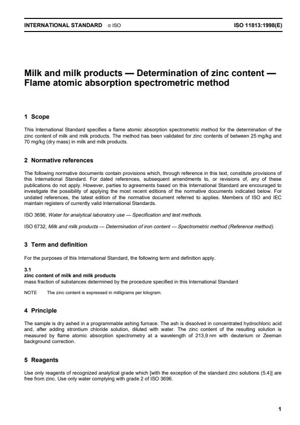 ISO 11813:1998 - Milk and milk products -- Determination of zinc content -- Flame atomic absorption spectrometric method