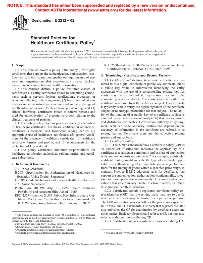 ASTM E2212-02 - Standard Practice for Healthcare Certificate Policy