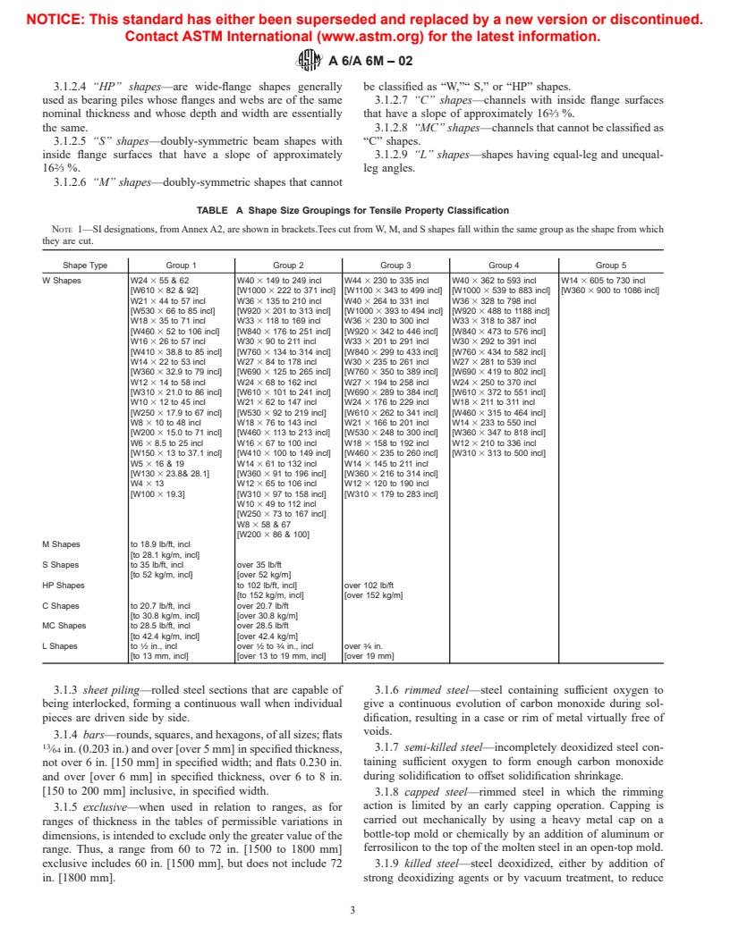 ASTM A6/A6M-02 - Standard Specification for General Requirements for Rolled Structural Steel Bars, Plates, Shapes, and Sheet Piling