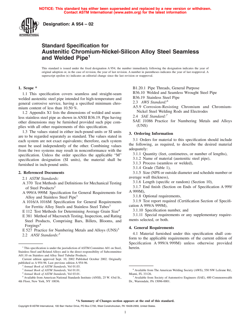 ASTM A954-02 - Standard Specification for Austenitic Chromium-Nickel-Silicon Alloy Steel Seamless and Welded Pipe (Withdrawn 2005)