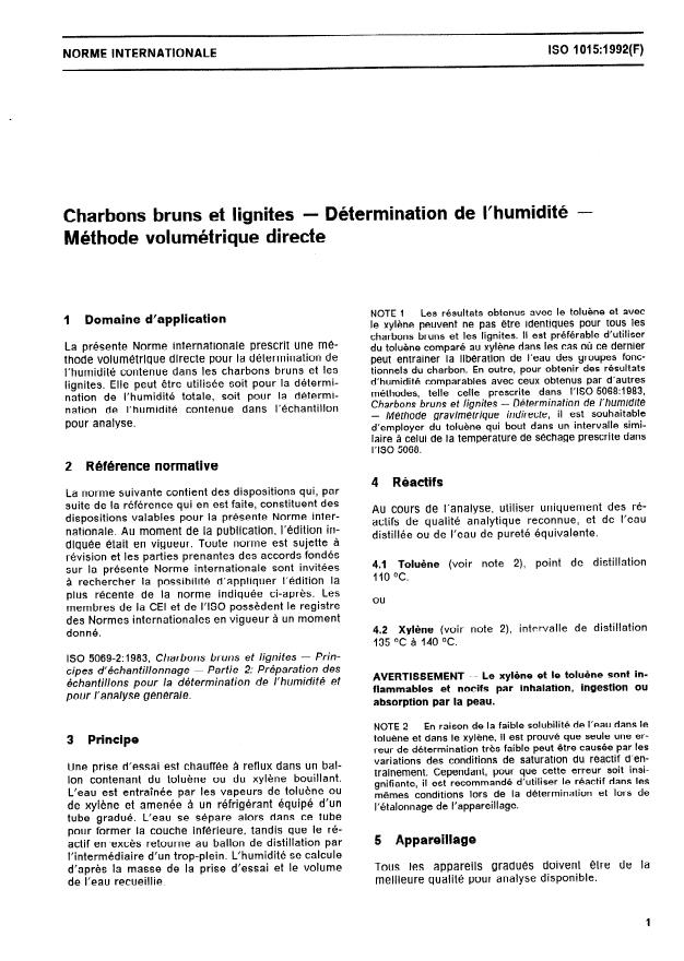 ISO 1015:1992 - Charbons bruns et lignites -- Détermination de l'humidité -- Méthode volumétrique directe