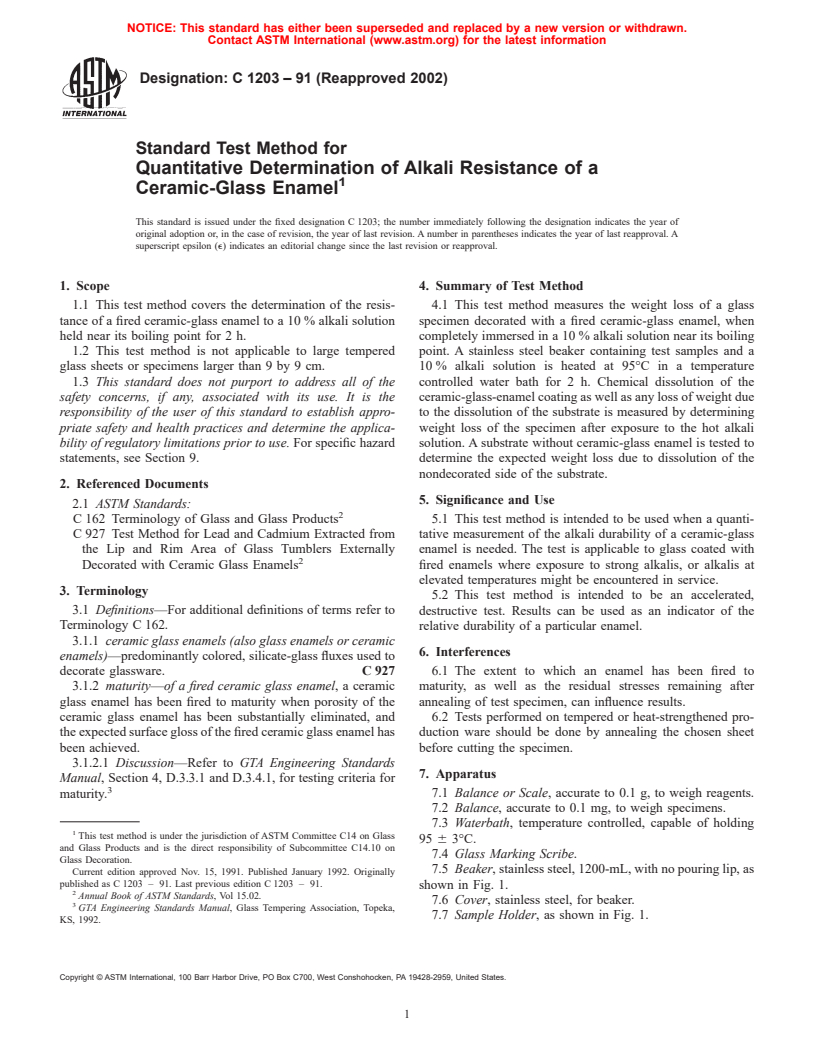 ASTM C1203-91(2002) - Standard Test Method for Quantitative Determination of Alkali Resistance of a Ceramic-Glass Enamel