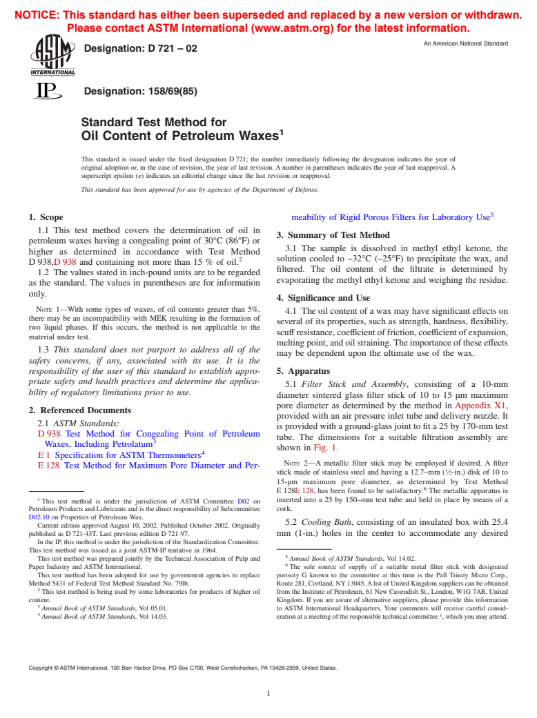 ASTM D721-02 - Standard Test Method for Oil Content of Petroleum Waxes