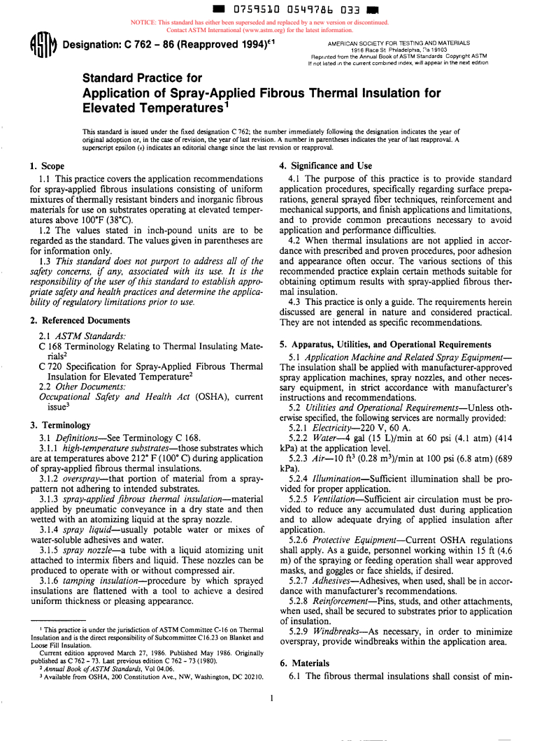 ASTM C762-86(1994)e1 - Practice for Application of Spray-Applied Fibrous Thermal Insulation for Elevated Temperatures (Withdrawn 1999)