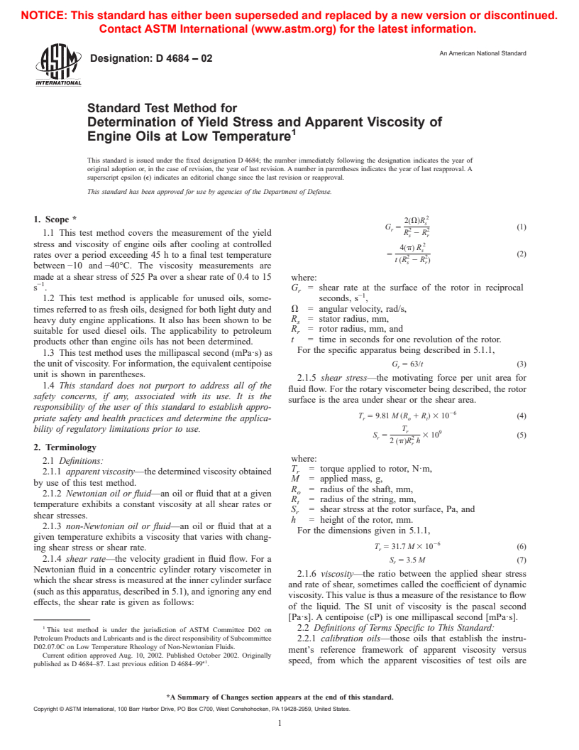ASTM D4684-02 - Standard Test Method for Determination of Yield Stress and Apparent Viscosity of Engine Oils at Low Temperature