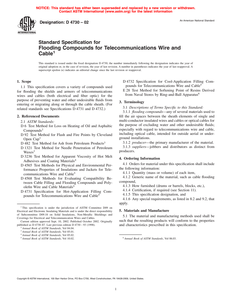 ASTM D4730-02 - Standard Specification for Flooding Compounds for Telecommunications Wire and Cable