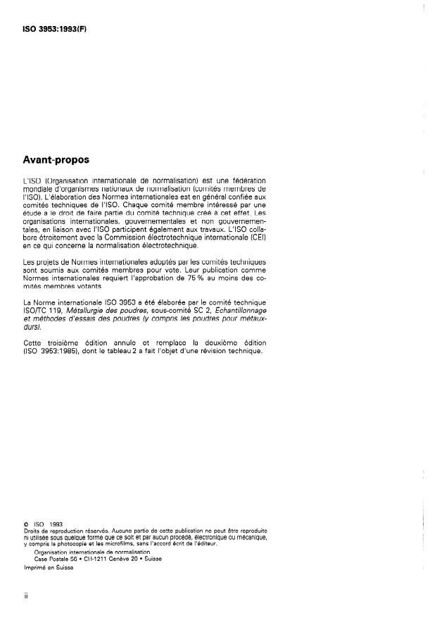 ISO 3953:1993 ISO 3953:1993 - Poudres métalliques -- Détermination de la masse volumique apres tassement - Page 2 preview