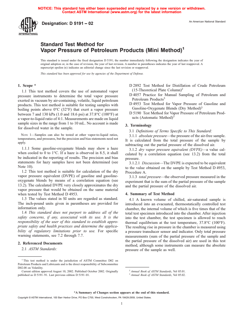 ASTM D5191-02 - Standard Test Method for Vapor Pressure of Petroleum Products (Mini Method)