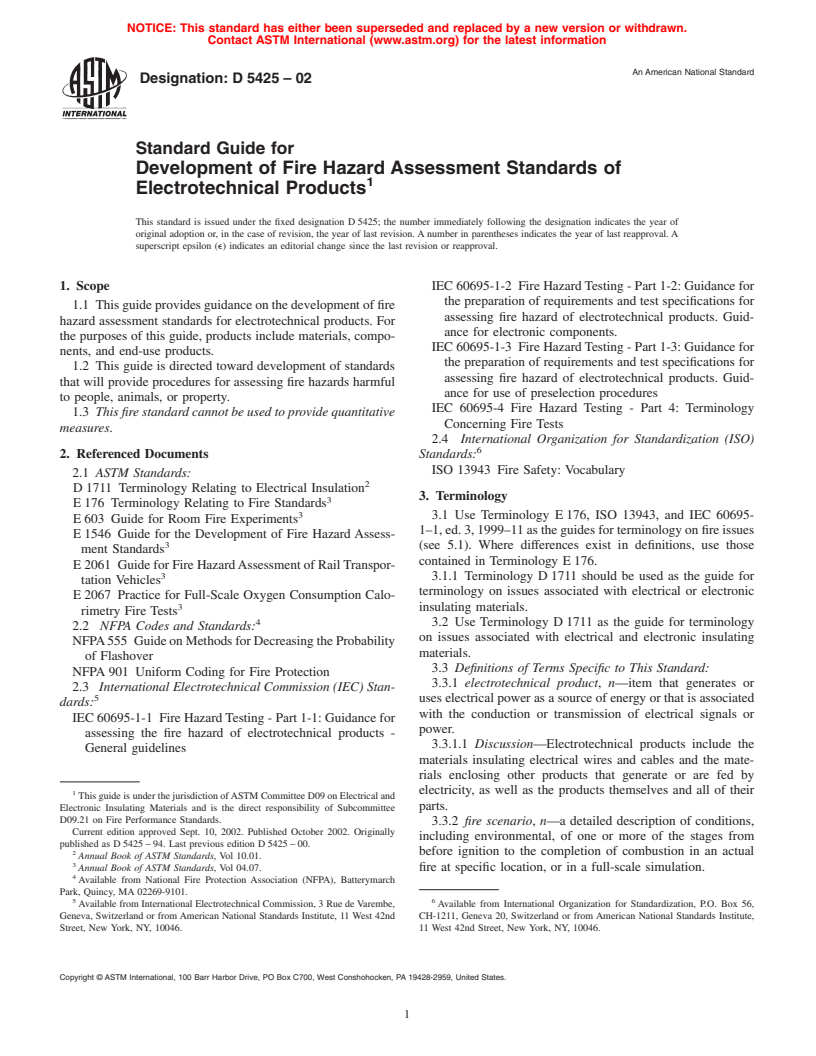 ASTM D5425-02 - Standard Guide for Development of Fire Hazard Assessment Standards of Electrotechnical Products