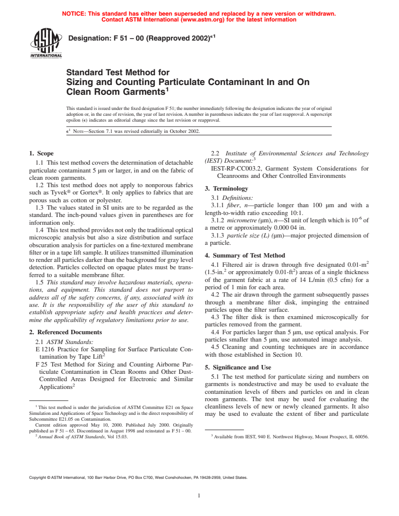 ASTM F51-00(2002)e1 - Standard Test Method for Sizing and Counting Particulate Contaminant In and On Clean Room Garments