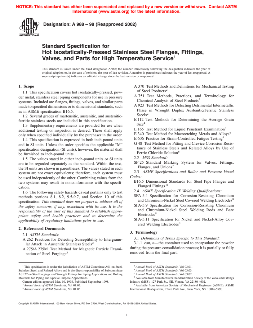 ASTM A988-98(2002) - Standard Specification for Hot Isostatically-Pressed Stainless Steel Flanges, Fittings, Valves, and Parts for High Temperature Service