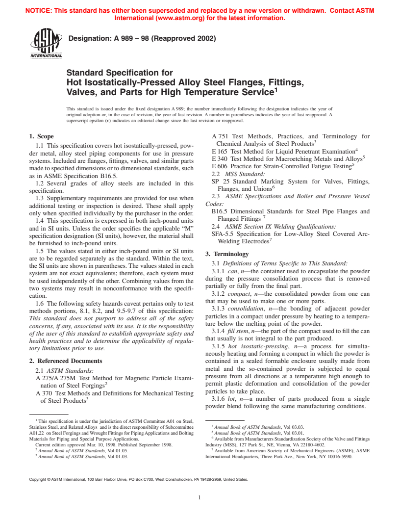 ASTM A989-98(2002) - Standard Specification for Hot Isostatically-Pressed Alloy Steel Flanges, Fittings, Valves, and Parts for High Temperature Service