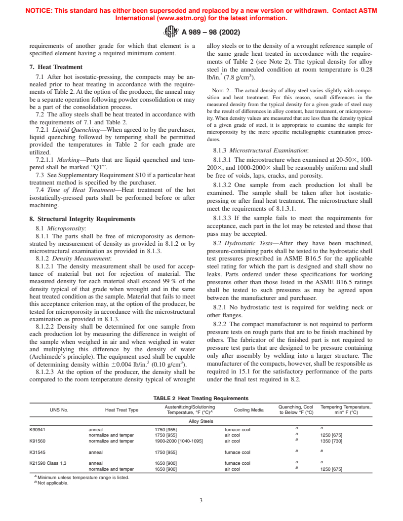 ASTM A989-98(2002) - Standard Specification for Hot Isostatically-Pressed Alloy Steel Flanges, Fittings, Valves, and Parts for High Temperature Service