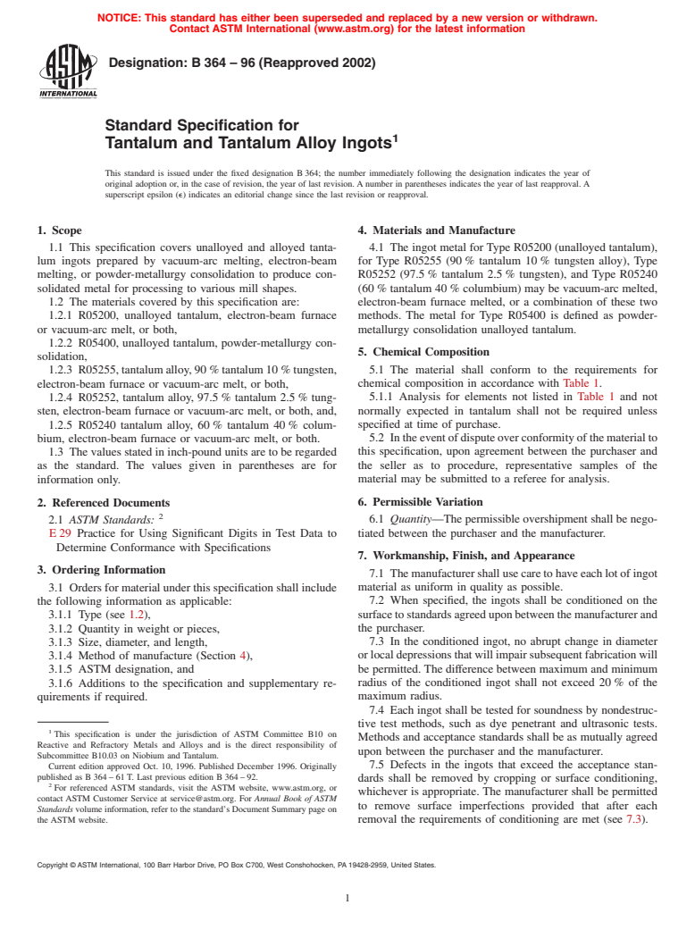 ASTM B364-96(2002) - Standard Specification for Tantalum and Tantalum Alloy Ingots