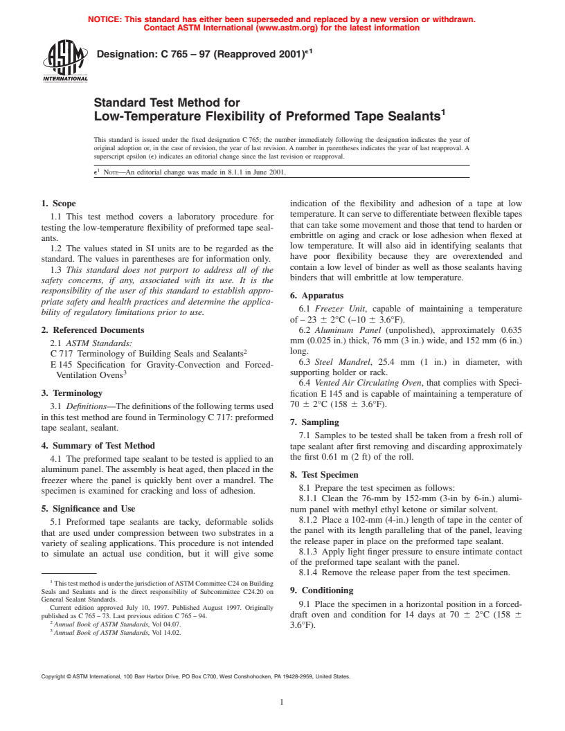 ASTM C765-97(2001)e1 - Standard Test Method for Low-Temperature Flexibility of Preformed Tape Sealants