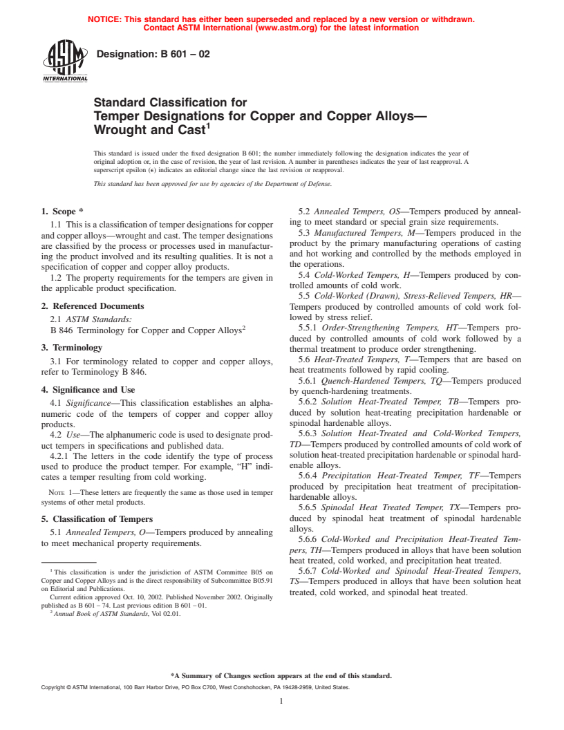 ASTM B601-02 - Standard Classification for Temper Designations for Copper and Copper Alloys&#8212;Wrought and Cast