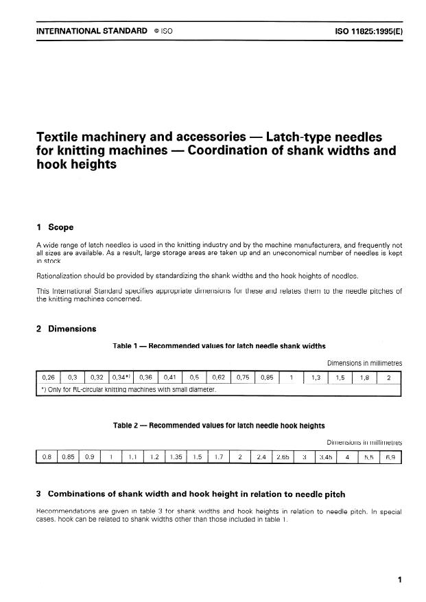 ISO 11825:1995 - Textile machinery and accessories -- Latch-type needles for knitting machines -- Coordination of shank widths and hook heights
