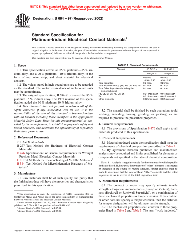 ASTM B684-97(2002) - Standard Specification for Platinum-Iridium Electrical Contact Materials