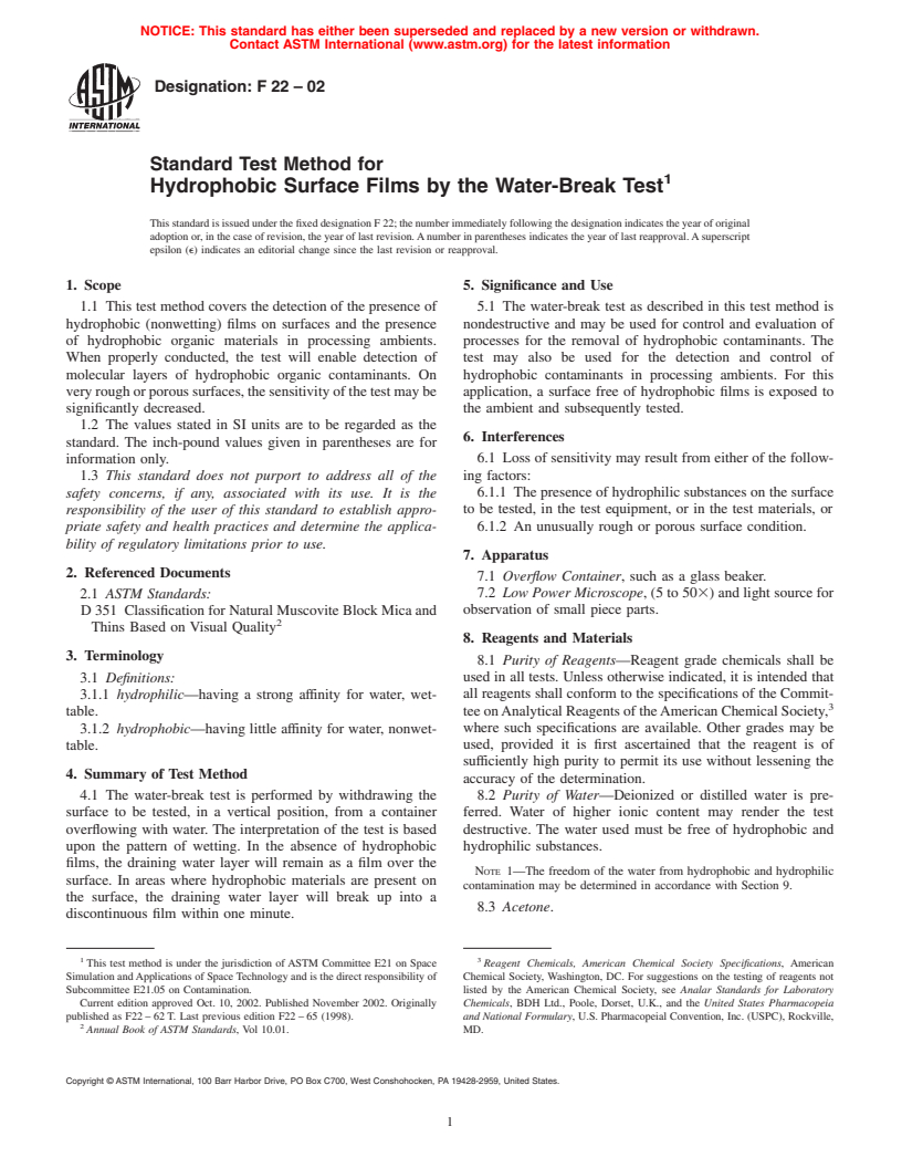 ASTM F22-02 - Standard Test Method for Hydrophobic Surface Films by the Water-Break Test