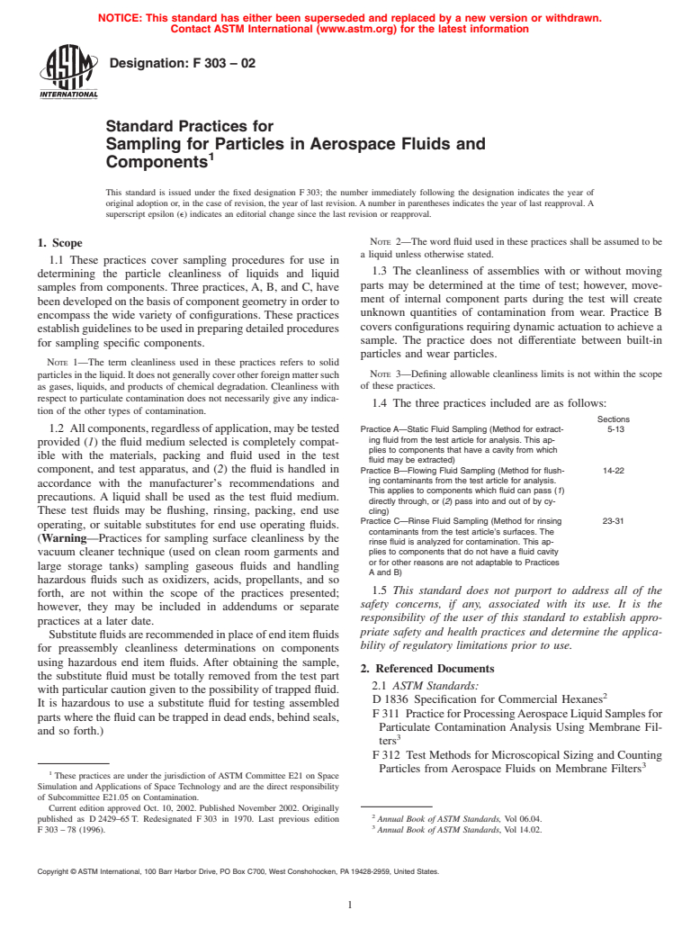 ASTM F303-02 - Standard Practices for Sampling for Particles in Aerospace Fluids and Components