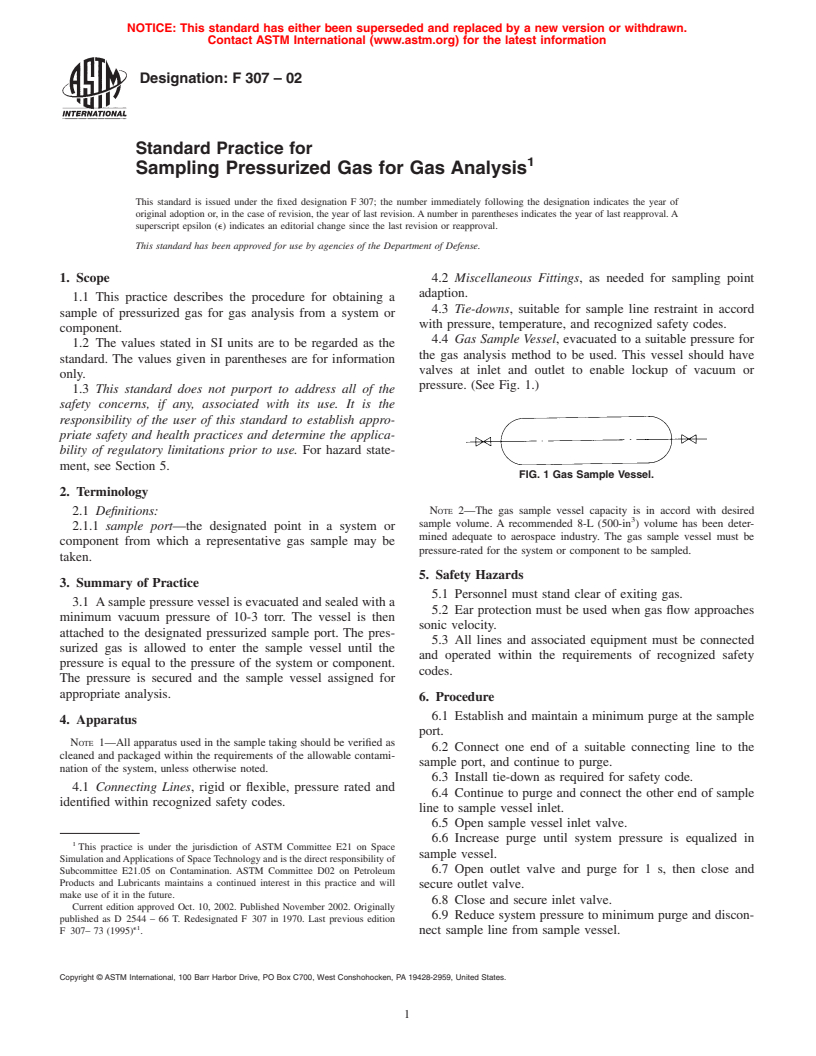 ASTM F307-02 - Standard Practice for Sampling Pressurized Gas for Gas Analysis