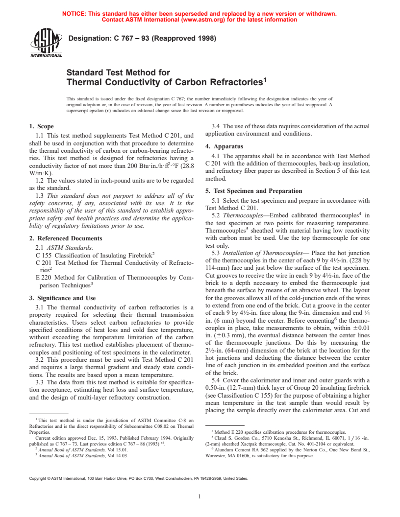 ASTM C767-93(1998) - Standard Test Method for Thermal Conductivity of Carbon Refractories