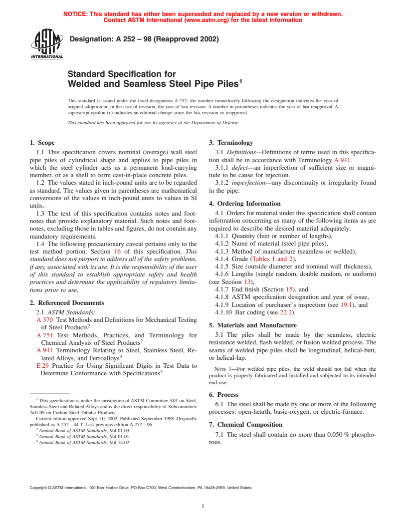 ASTM A252-98(2002) - Standard Specification for Welded and Seamless Steel Pipe Piles