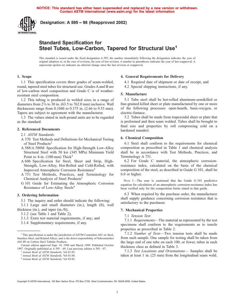 ASTM A595-98(2002) - Standard Specification for Steel Tubes, Low-Carbon, Tapered for Structural Use