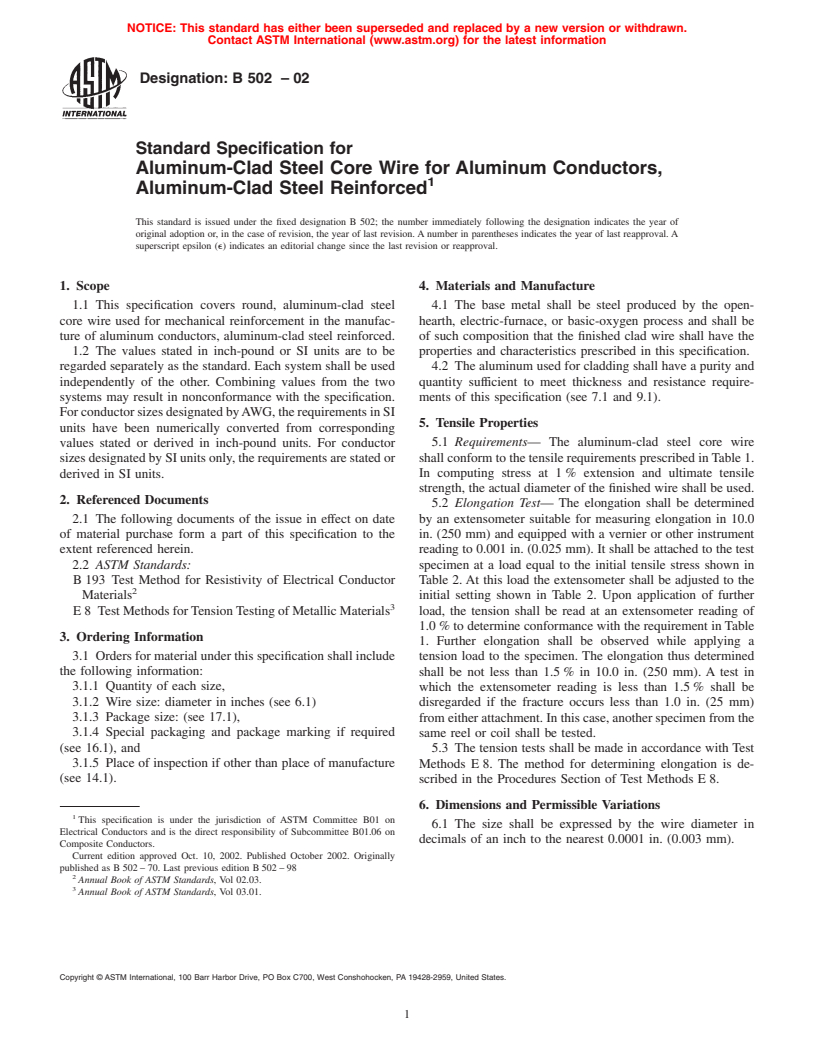 ASTM B502-02 - Standard Specification for Aluminum-Clad Steel Core Wire for Aluminum Conductors, Aluminum-Clad Steel Reinforced