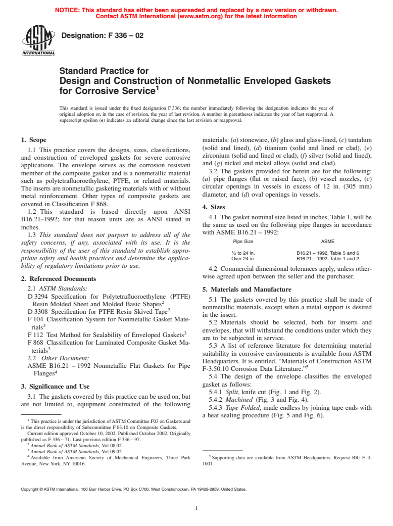 ASTM F336-02 - Standard Practice for Design and Construction of Nonmetallic Enveloped Gaskets for Corrosive Service