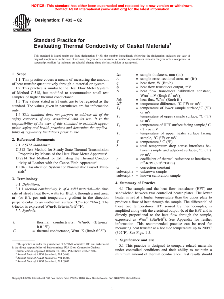 ASTM F433-02 - Standard Practice for Evaluating Thermal Conductivity of Gasket Materials