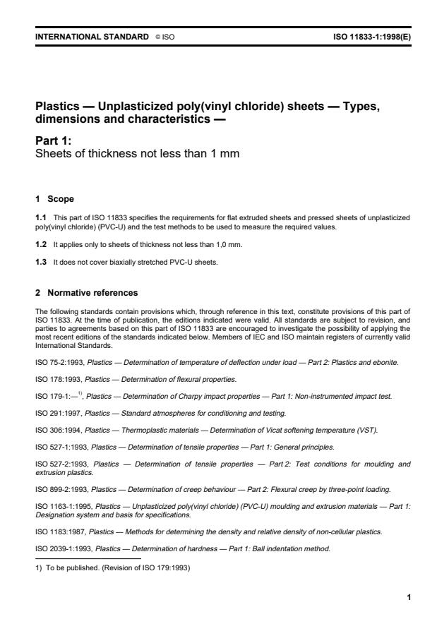 ISO 11833-1:1998 - Plastics -- Unplasticized poly(vinyl chloride) sheets -- Types, dimensions and characteristics