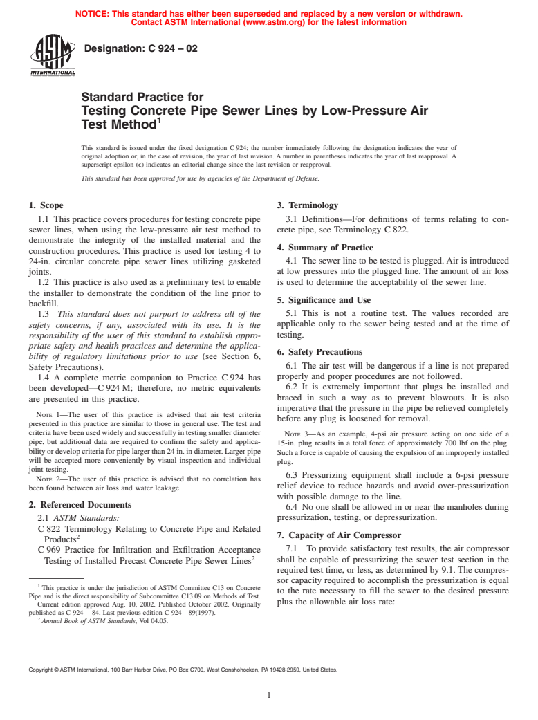 ASTM C924-02 - Standard Practice for Testing Concrete Pipe Sewer Lines by Low-Pressure Air Test Method