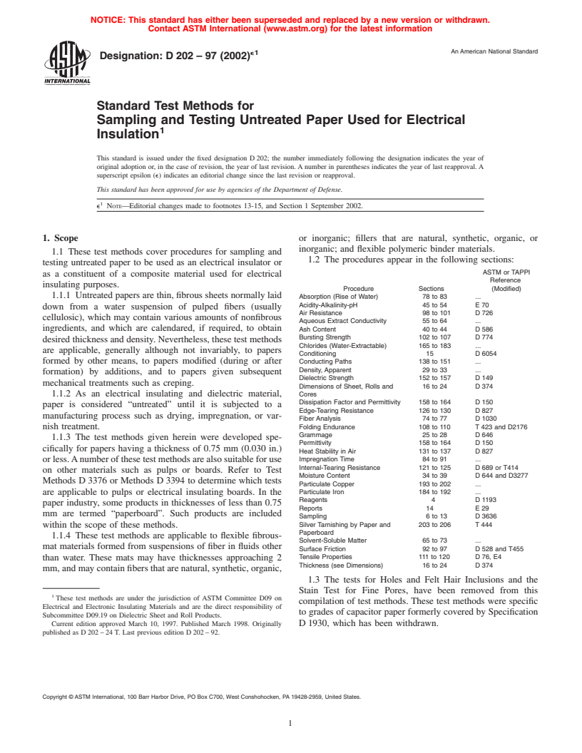 ASTM D202-97(2002)e1 - Standard Test Methods for Sampling and Testing Untreated Paper Used for Electrical Insulation