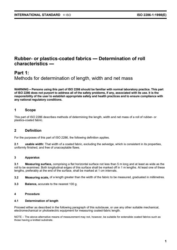 ISO 2286-1:1998 - Rubber- or plastics-coated fabrics -- Determination of roll characteristics