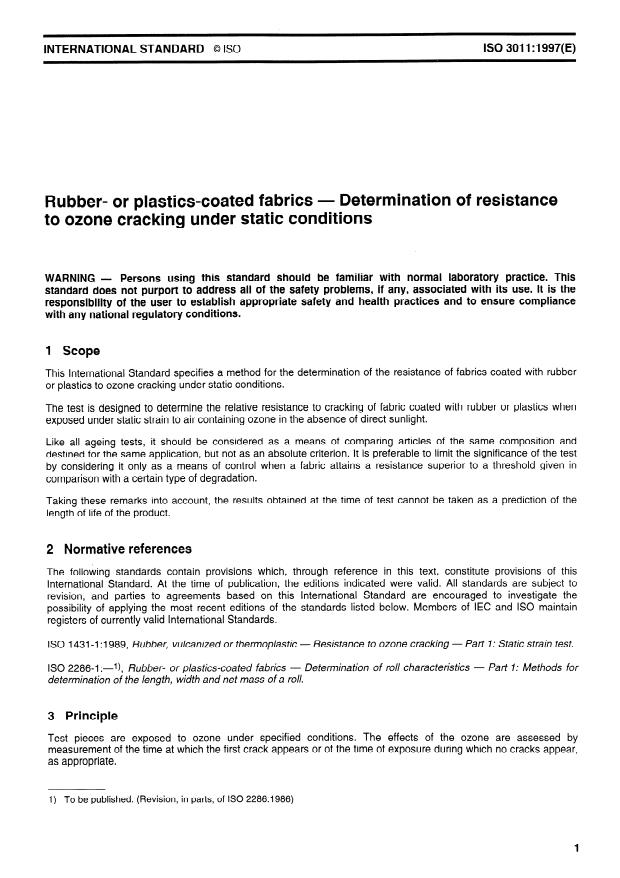 ISO 3011:1997 - Rubber- or plastics-coated fabrics -- Determination of resistance to ozone cracking under static conditions