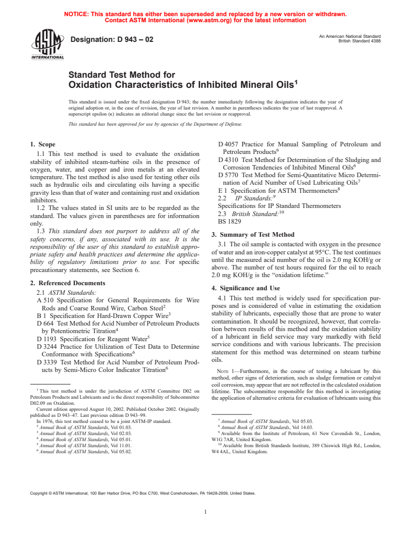 ASTM D943-02 - Standard Test Method for Oxidation Characteristics of Inhibited Mineral Oils