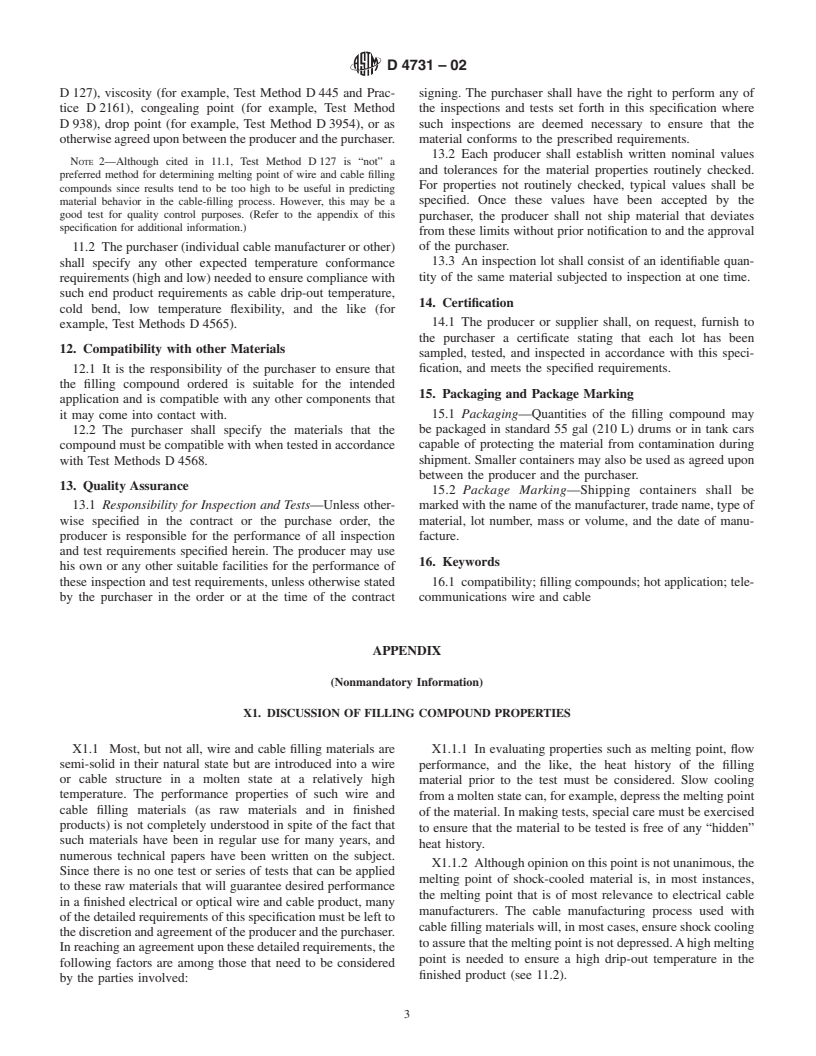 ASTM D4731-02 - Standard Specification for Hot-Application Filling Compounds for Telecommunications Wire and Cable