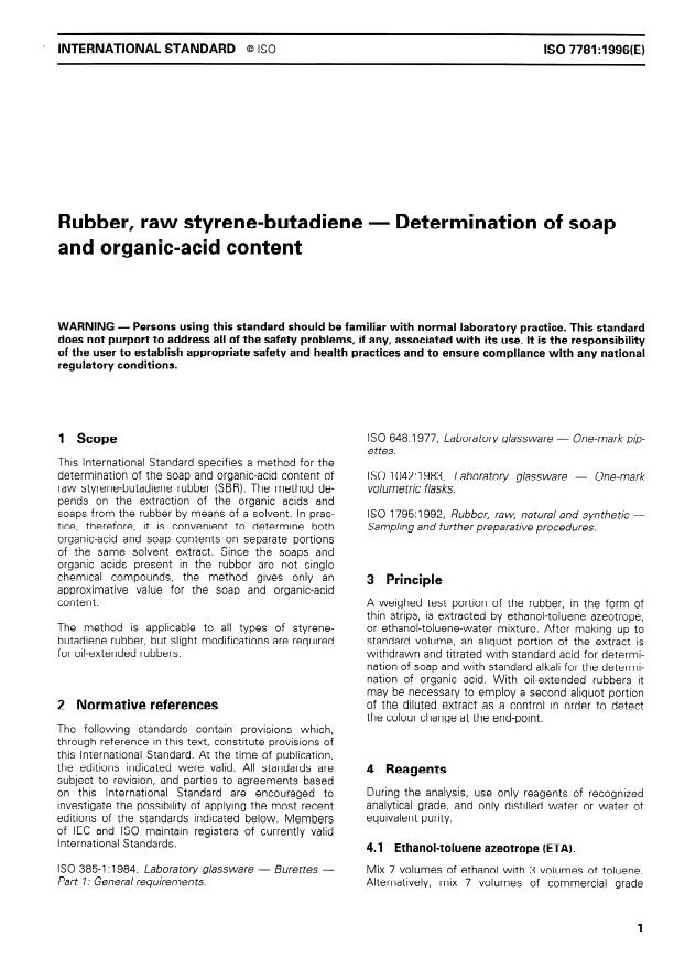 ISO 7781:1996 - Rubber, raw styrene-butadiene -- Determination of soap and organic-acid content