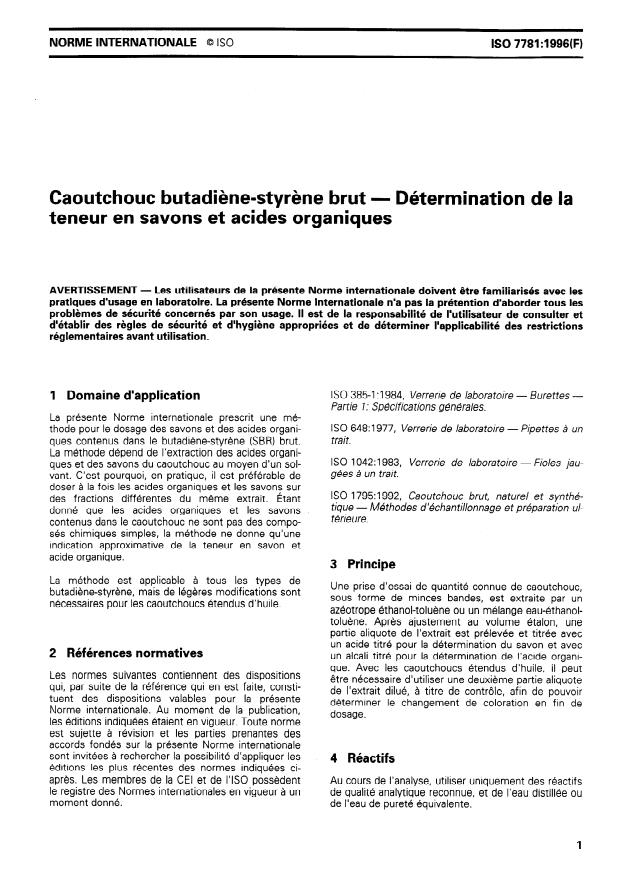 ISO 7781:1996 - Caoutchouc butadiene-styrene brut -- Détermination de la teneur en savons et acides organiques