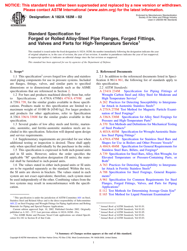 ASTM A182/A182M-02 - Standard Specification for Forged or Rolled Alloy-Steel Pipe Flanges, Forged Fittings, and Valves and Parts for High-Temperature Service