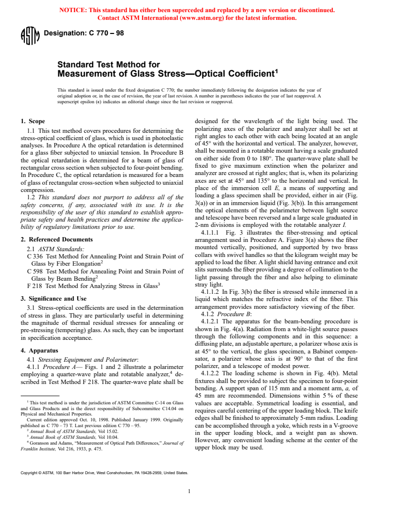 ASTM C770-98 - Standard Test Method for Measurement of Glass Stress--Optical Coefficient