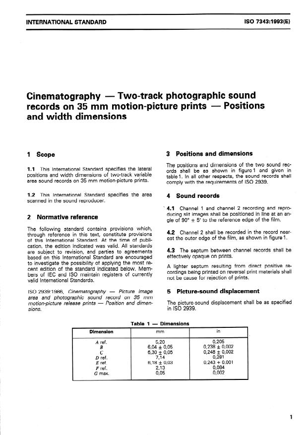 ISO 7343:1993 - Cinematography -- Two-track photographic sound records on 35 mm motion-picture prints -- Positions and width dimensions