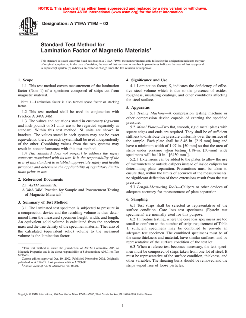 ASTM A719/A719M-02 - Standard Test Method for Lamination Factor of Magnetic Materials