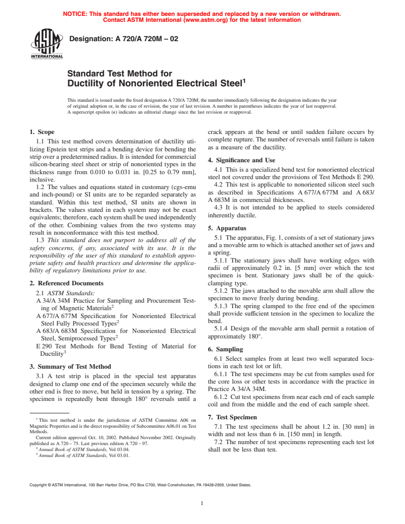 ASTM A720/A720M-02 - Standard Test Method for Ductility of Nonoriented Electrical Steel