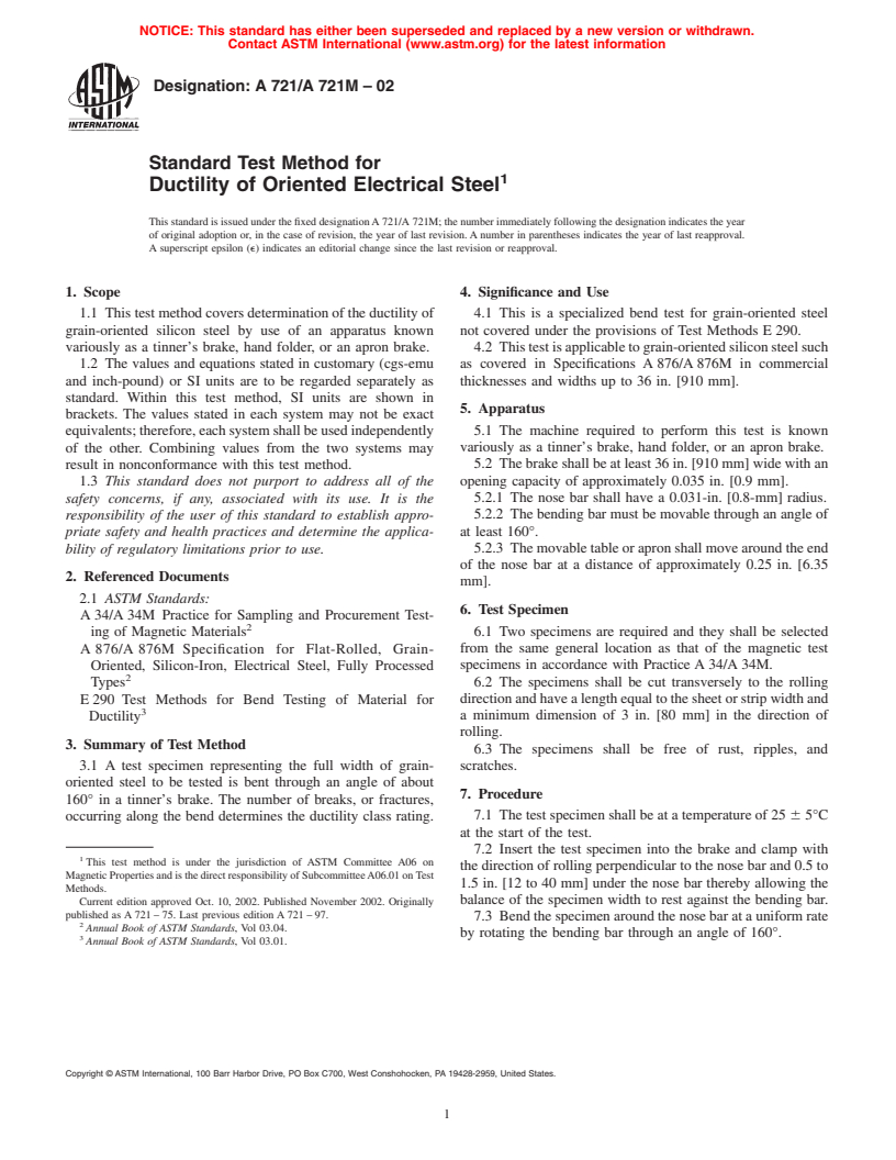 ASTM A721/A721M-02 - Standard Test Method for Ductility of Oriented Electrical Steel