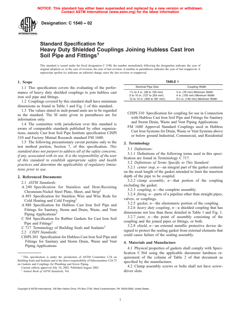 ASTM C1540-02 - Standard Specification for Heavy Duty Shielded Couplings Joining Hubless Cast Iron Soil Pipe and Fittings