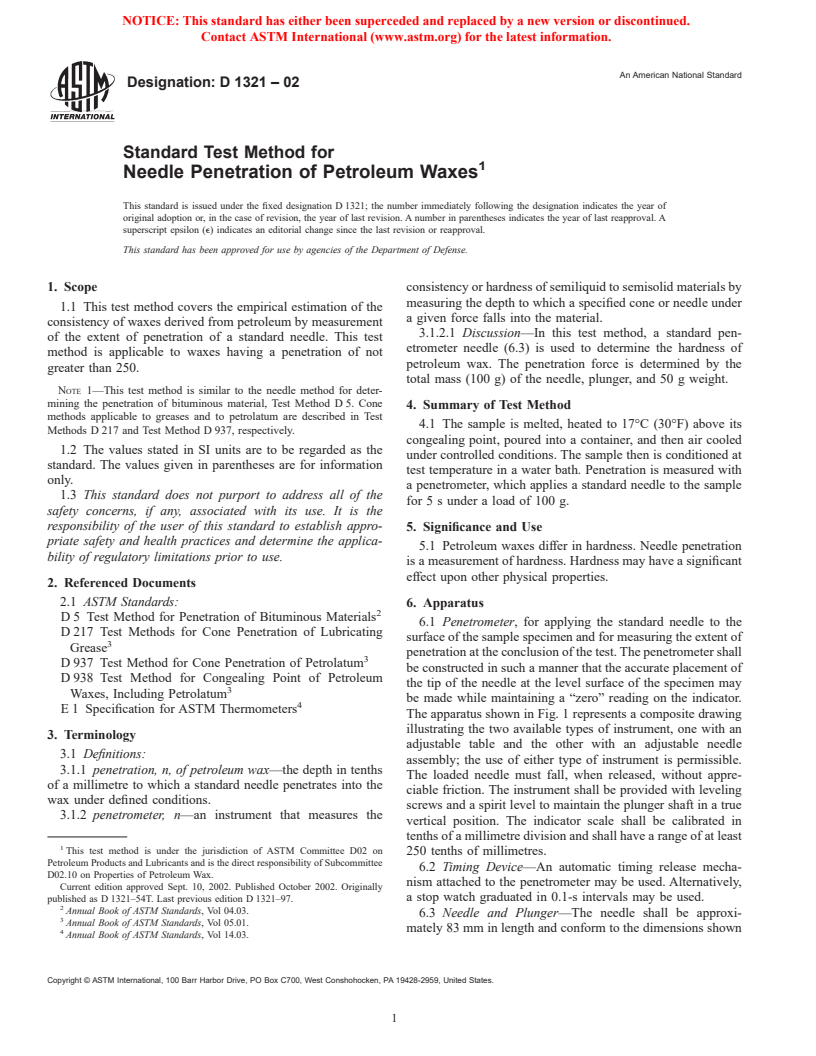 ASTM D1321-02 - Standard Test Method for Needle Penetration of Petroleum Waxes