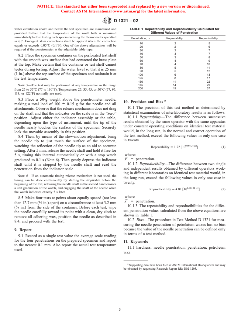 ASTM D1321-02 - Standard Test Method for Needle Penetration of Petroleum Waxes