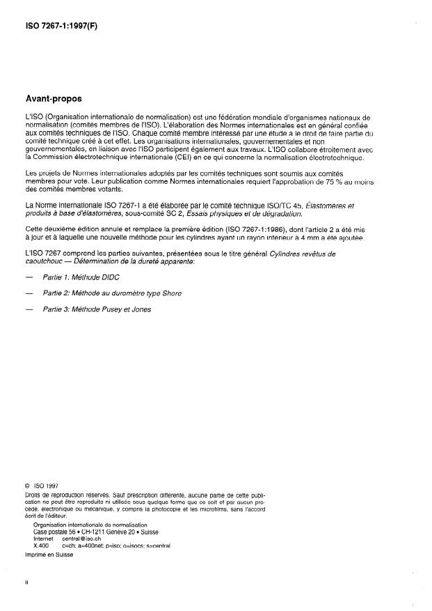 ISO 7267-1:1997 ISO 7267-1:1997 - Cylindres revetus de caoutchouc -- Détermination de la dureté apparente - Page 2 preview